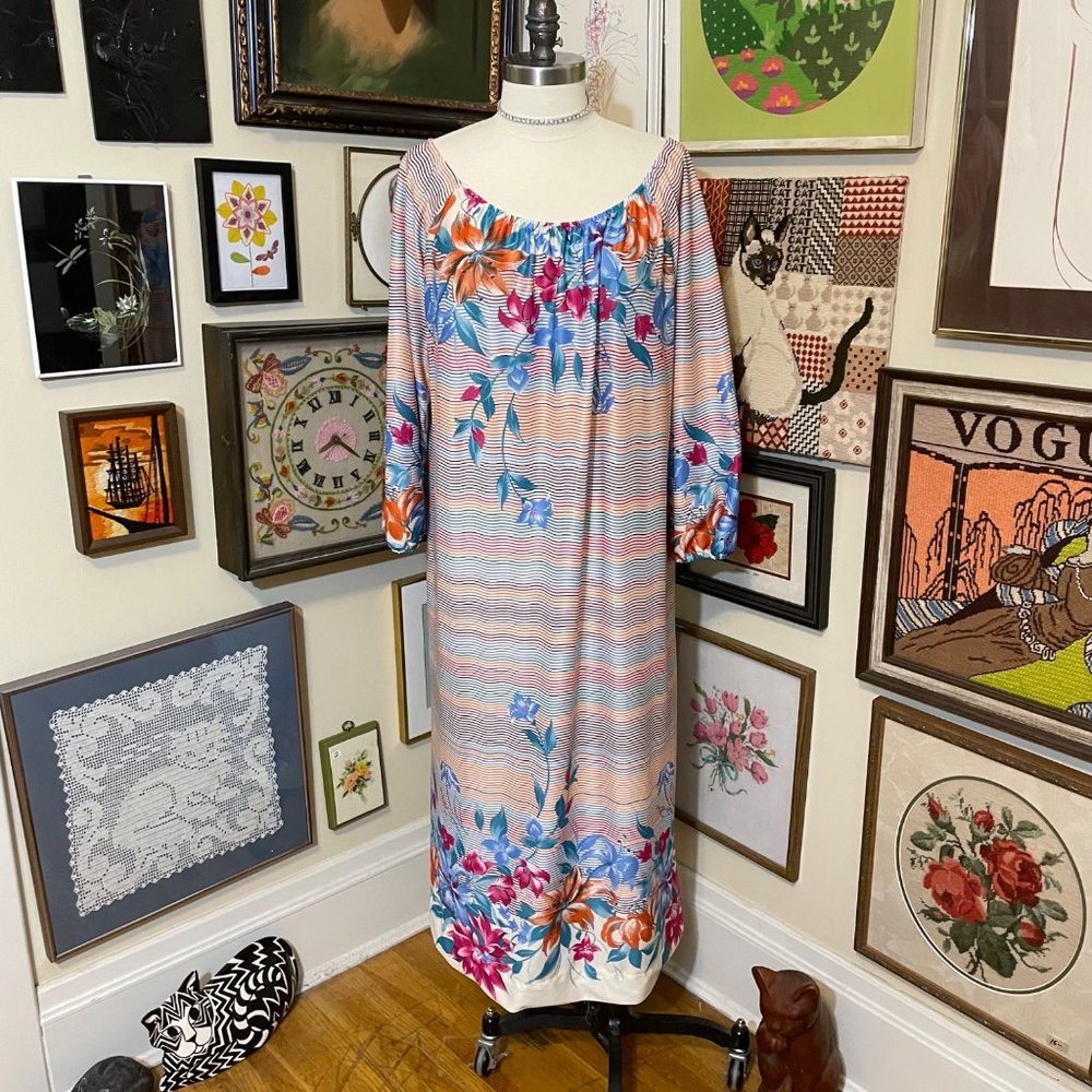 70s Vintage Rainbow Striped Floral Scoop Neck Crop Sleeve Maxi House Dress OSFM